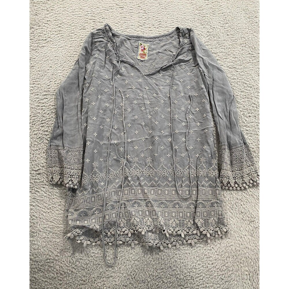 Johnny Was Tunic Blouse Womens Small Gray Embroidered Boho Peasant Long Sleeve